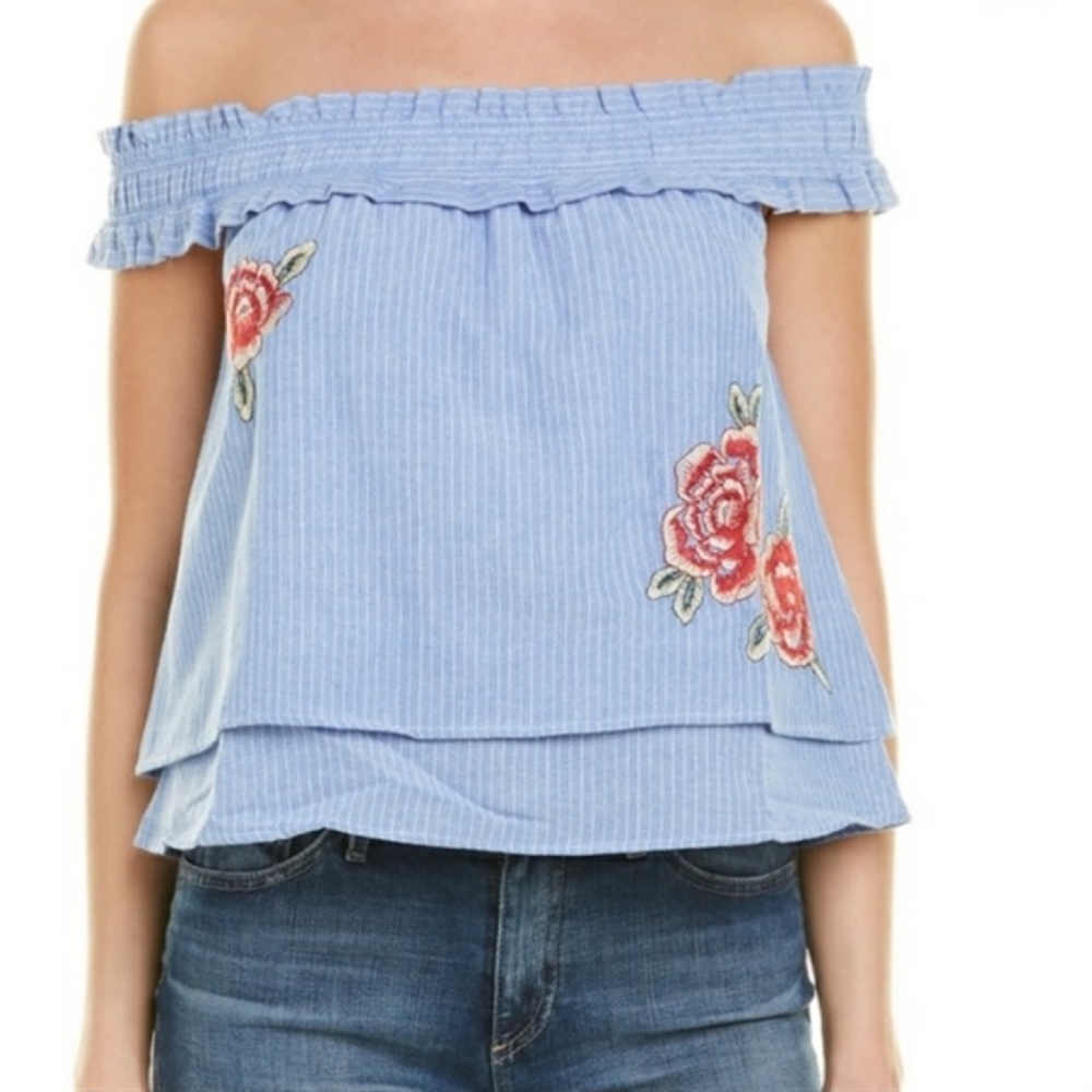 J by J.O.A Chambray Striped Off Shoulder Top